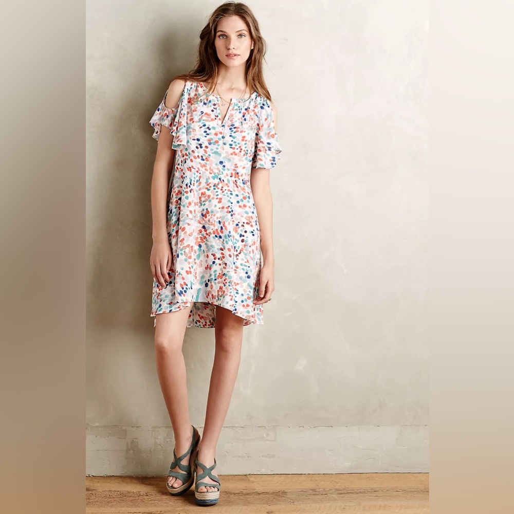 Anthropologie Maeve Fluttered Watercolor Cold Shoulder Dress Size Small